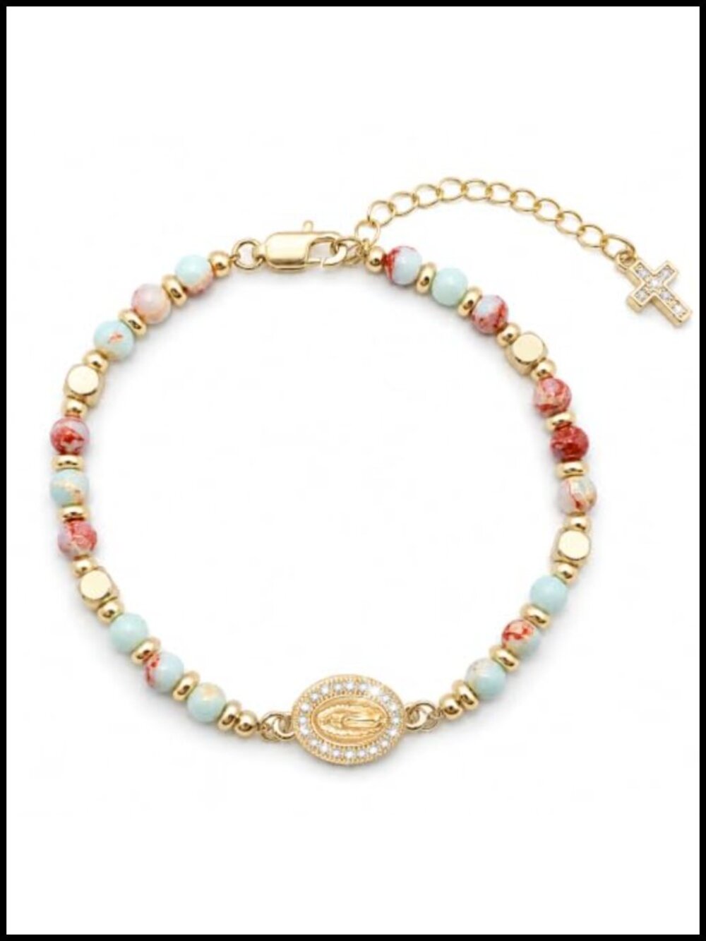 14K Gold Plated Virgin Mary Cross Bracelet Beaded Stretch Catholic Jewelry Gift